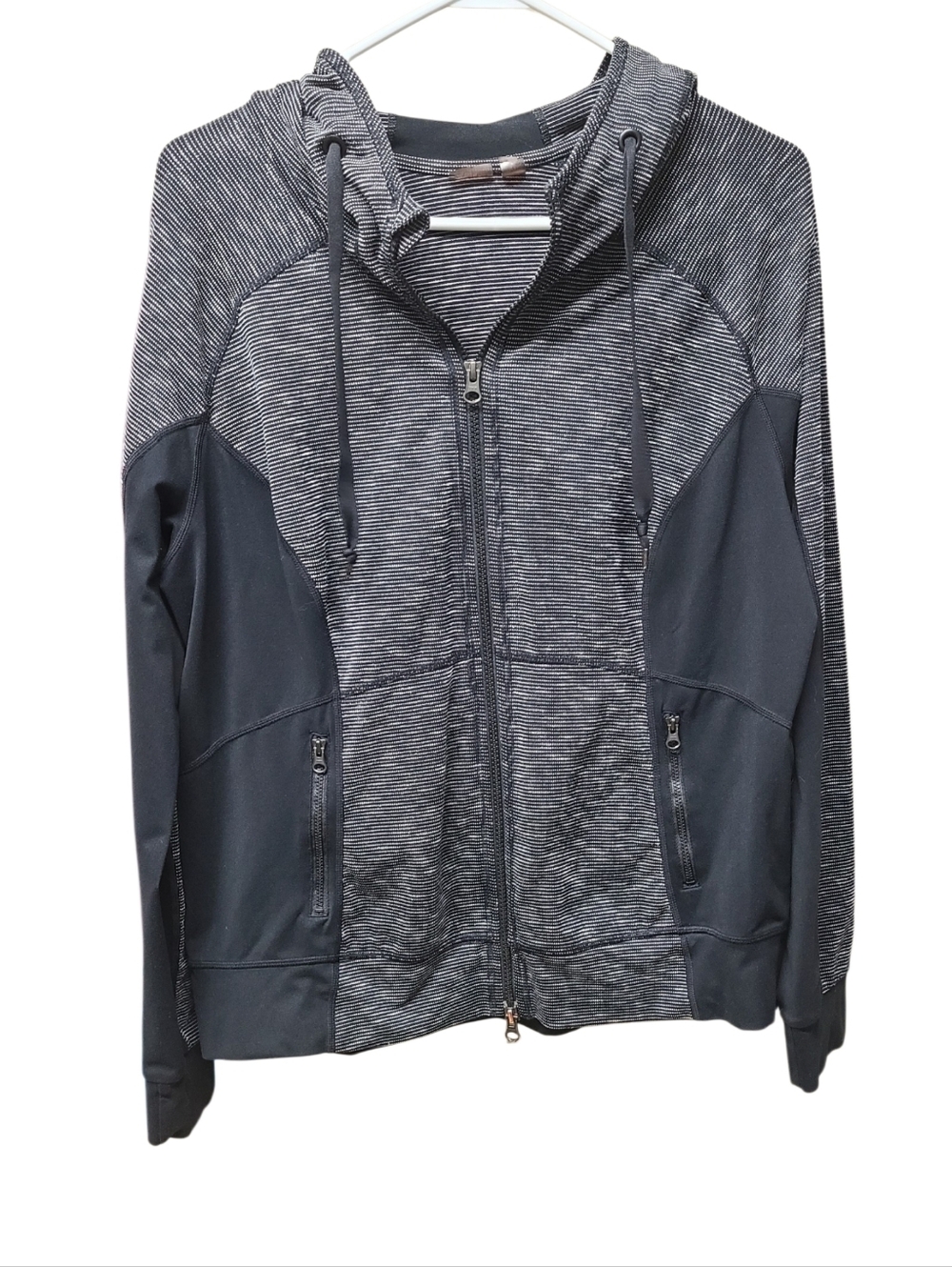 Zella Womens Hooded Black White Striped Zip up Hoodie Large